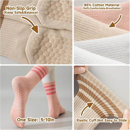 Grip Socks Pilates,4/6Pairs Cotton Cute Pilates Socks for Women, Ruffle Grippy Sock for Yoga Barre Hospital 5-10in