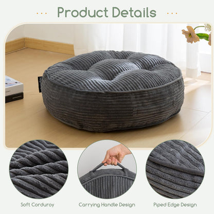 HIGOGOGO Floor Pillow Cushion for Adults, Meditation Cushion Pillow, Large Square Floor Sitting, Tufted Corduroy Cover, for Tatami Living Room or Yoga, 22x22 Inch, Dark Grey