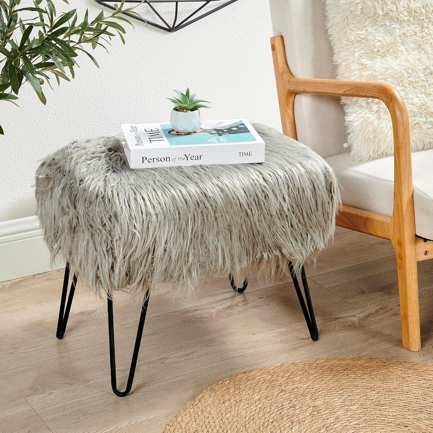 Home Soft Things Green Mongolian Faux Fur Ottoman, Desert Sage, 19'' x 13'' x 17'', Cozy Plush Fluffy Ottoman Foot Rest Stool for Living Room Bedroom Entryway Makeup Bench End of Bed Home Décor