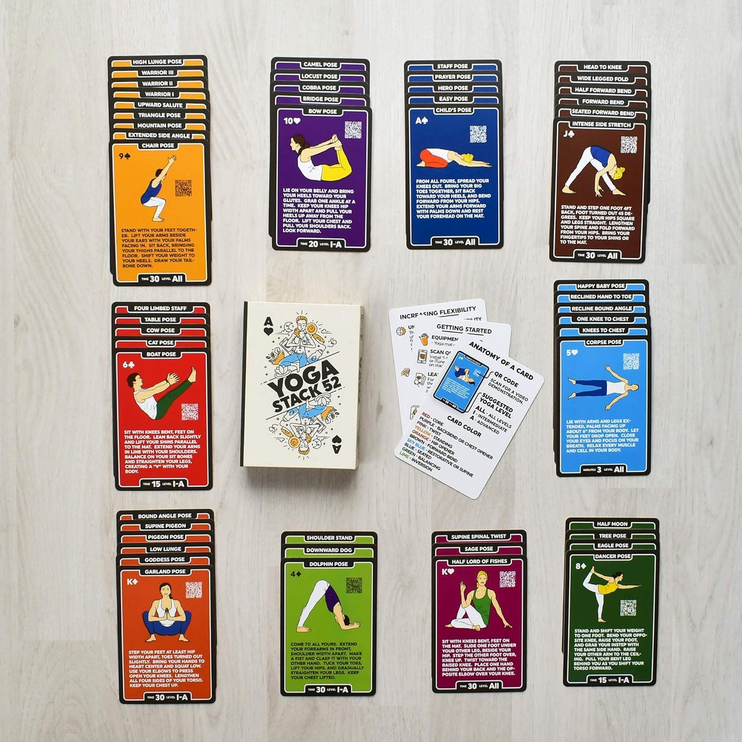 Stack 52 Yoga Exercise Cards: Designed by Certified Yoga Instructor. Video Instructions Included. Beginner to Advanced Poses and Asana Workout Games. Improve Fitness and Flexibility. (Base Deck)