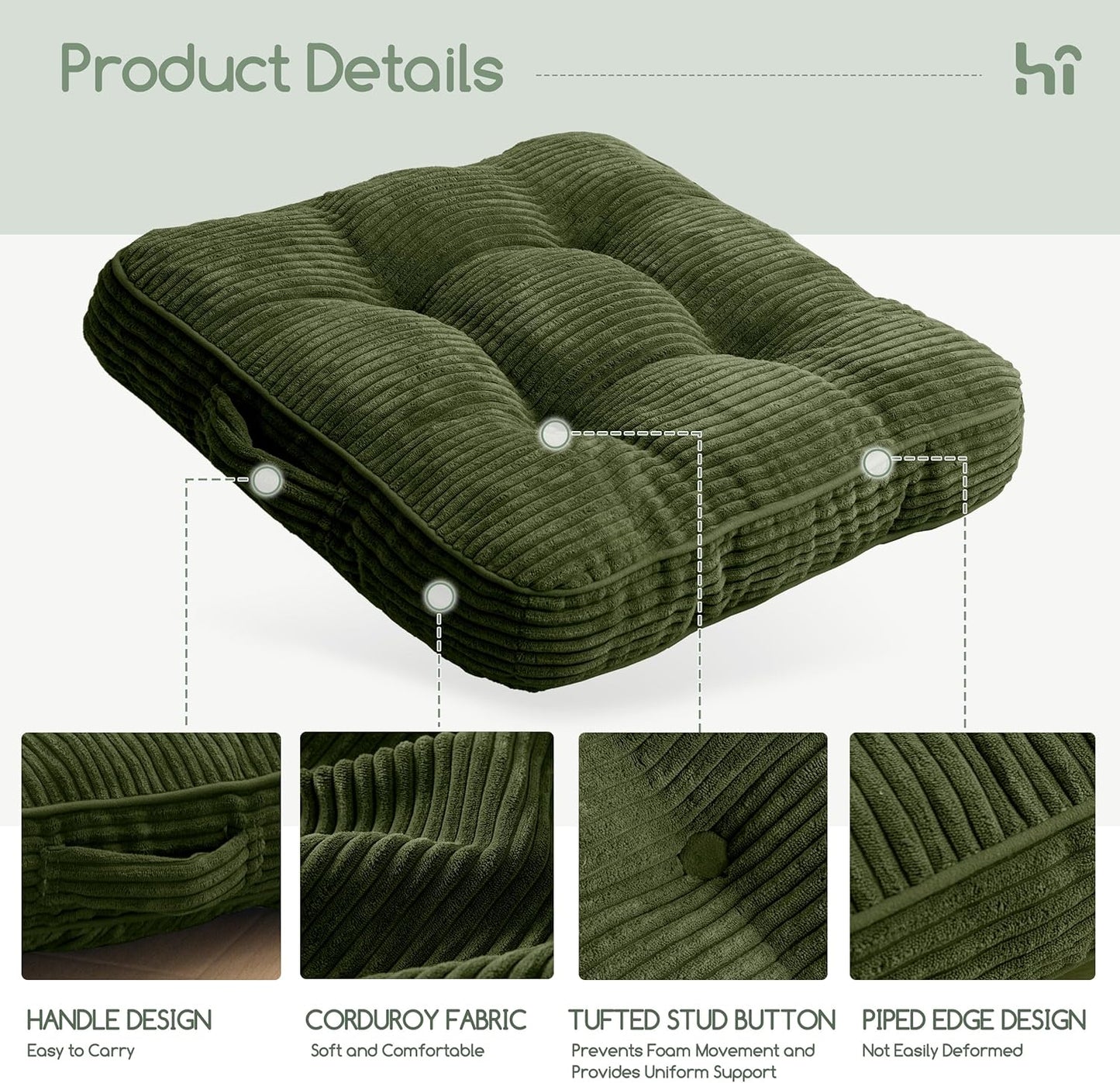 HIGOGOGO Floor Pillow Cushion for Adults, Meditation Cushion Pillow, Large Square Floor Sitting, Tufted Corduroy Cover, for Tatami Living Room or Yoga, 22x22 Inch, Dark Grey