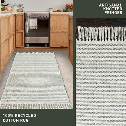 Chardin home Beige & Ivory Providence Runner 2.5x8 feet |Hand Woven Farmhouse Rug with Hand Knotted Fringes|Great in Kitchens entryways Hallways Bathrooms Meditation Yoga Mat|Reversible Cotton Rug