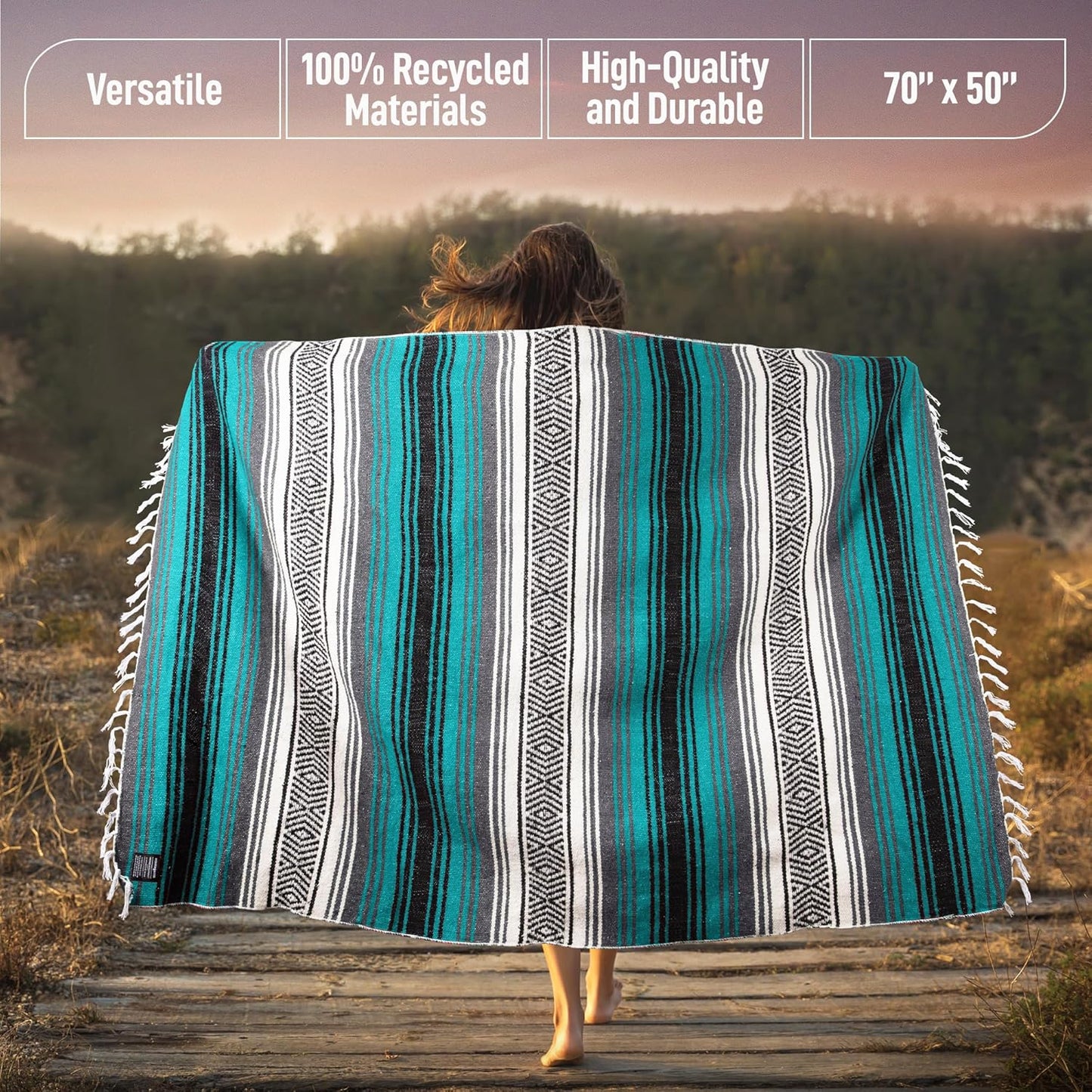Hydration Nation Authentic Large Handwoven Mexican Blanket - Soft Yoga - Durable Serape - Lightweight Falsa, Beach, Camping, Picnic, Outdoor 70"x50" - Mandarin