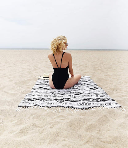 Mexican Blanket by Laguna Beach Textile Co - Beach, Yoga, Camping, or Decorative Throw Blanket - Traditional Handmade Serape (Ivory)