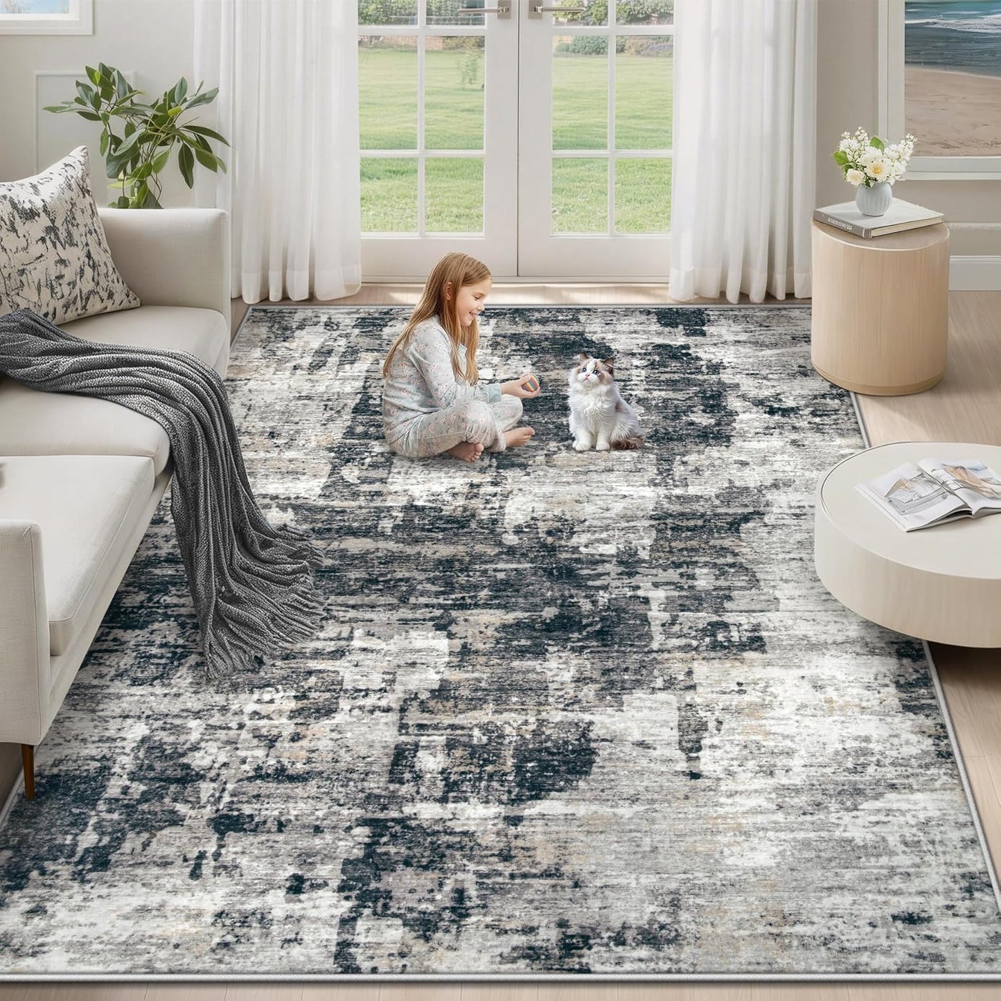 XLUEZ 8x10 Area Rugs for Living Room, Washable Modern Abstract Large Area Rug Neutral Soft Non Slip Kids Rug Stain Resistant Indoor Carpet for Bedroom Nursery Dining Children's Room(Blue, 8'x10')
