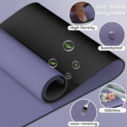 Non-slip TPE Yoga Mat for Women & Men,72"x24" Double-Sided Workout Mat for Home Gym Pilates Fitness,1/4 Inch Packable Lightweight Exercise Mat with Strap for Travel,Non Toxic Exercise Floor Mat