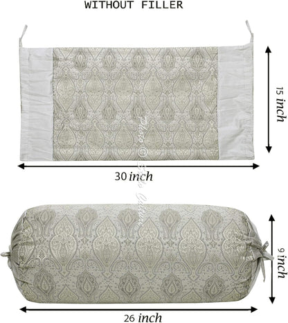 Ethnic Decorative Brocade Bolster Pillow Covers Grey Damask Silk Jacquard Weave Round Meditation Pillow Traditional Floral Cylindrical Cushion Covers - (76x38 cm) | Set of 2 Pcs
