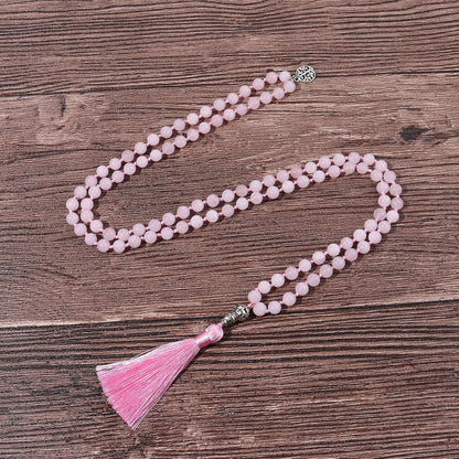 108 Mala Beads Necklace Semi-Precious Gem Stones Meditation Necklace 108 Hand Knotted Japa Mala Beaded Tassel Necklace with Tree of Life Pendant
