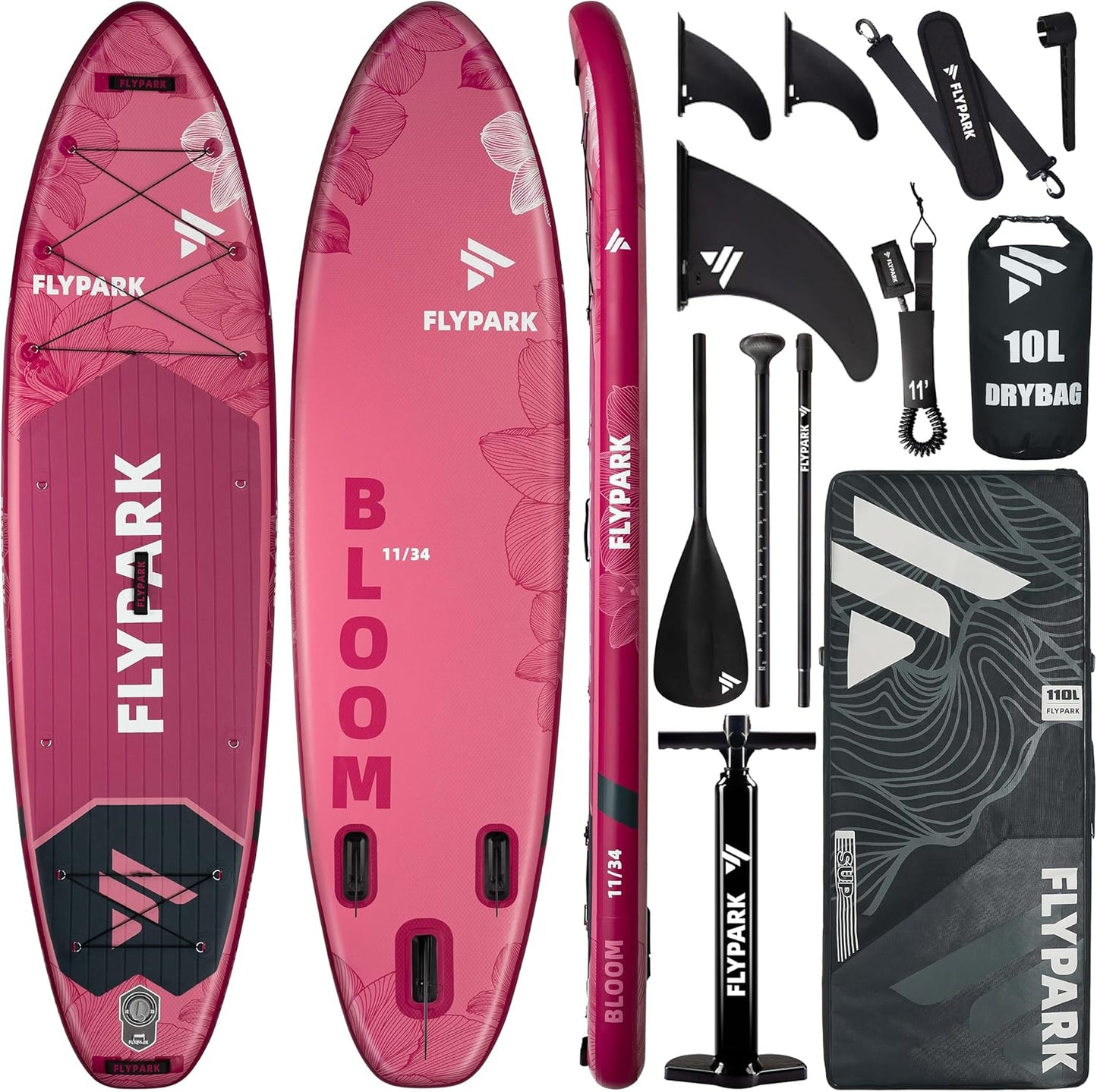 Flypark 11'x34 Inflatable Paddle Boards, Extra Wide SUP for 420lbs/3Adults, Yoga Stand Up Paddle Board, 110L Backpack, 15 D-Rings, Shoulder Strap, US-Fin, 2-Action Pump