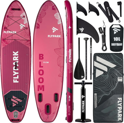 Flypark 11'x34 Inflatable Paddle Boards, Extra Wide SUP for 420lbs/3Adults, Yoga Stand Up Paddle Board, 110L Backpack, 15 D-Rings, Shoulder Strap, US-Fin, 2-Action Pump