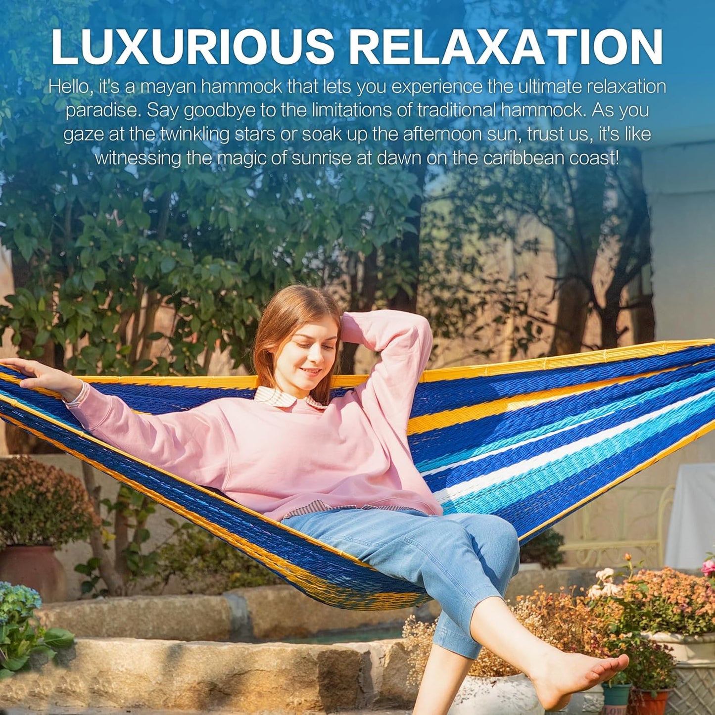 PNAEUT Handwoven Mayan Hammocks, Double Rope Hammock for Outdoor Outside & Indoor, Thick Soft 600 lbs Capacity Heavy-Duty, Includes Tree Straps, Carabiners & Carrying Bag (Nature, X-Large)