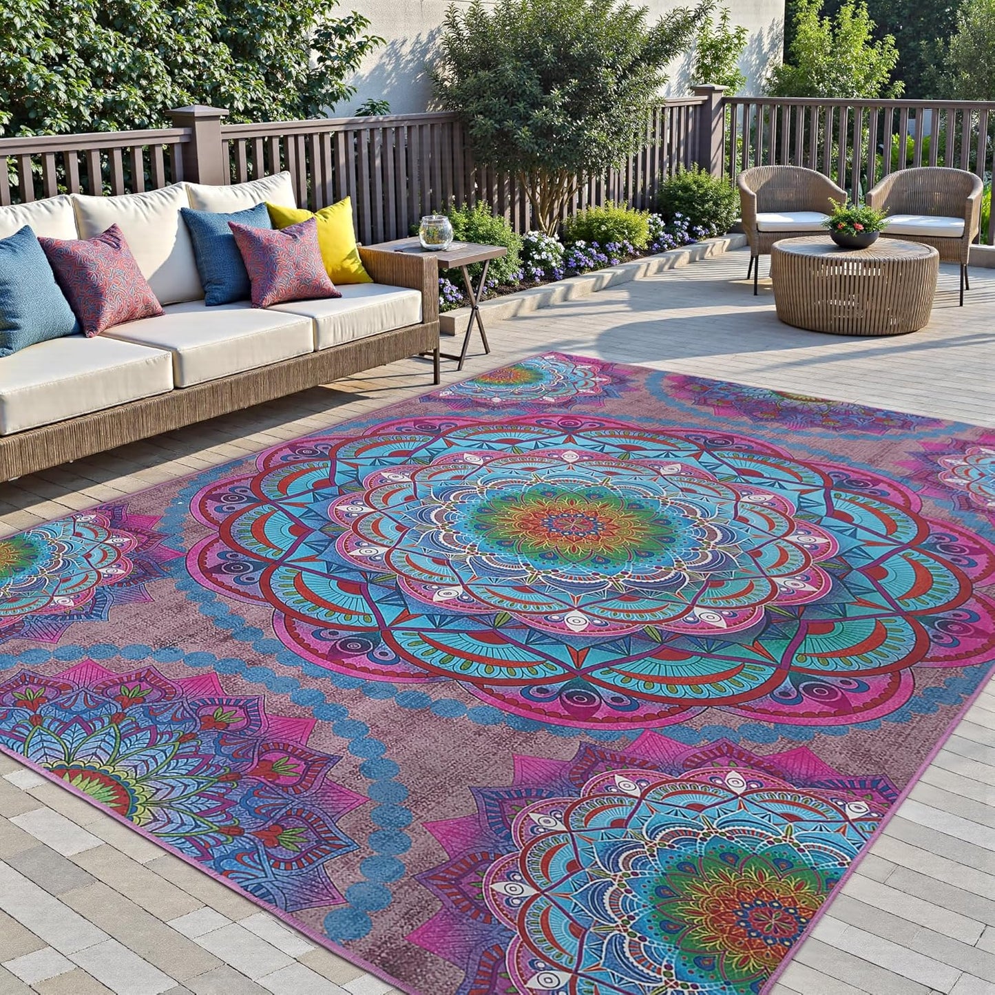 Arenarug Meditation Indoor Outdoor Rug 5x8 ft Mandala Pattern Rug Boho Style,Yoga Meditation Mat Picnic Rug for Patio Living Room Porch Garden Deck Backyard Easy to Clean Non Shedding Non-Slip