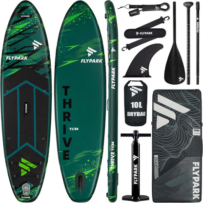 Flypark 11'x34 Inflatable Paddle Boards, Extra Wide SUP for 420lbs/3Adults, Yoga Stand Up Paddle Board, 110L Backpack, 15 D-Rings, Shoulder Strap, US-Fin, 2-Action Pump