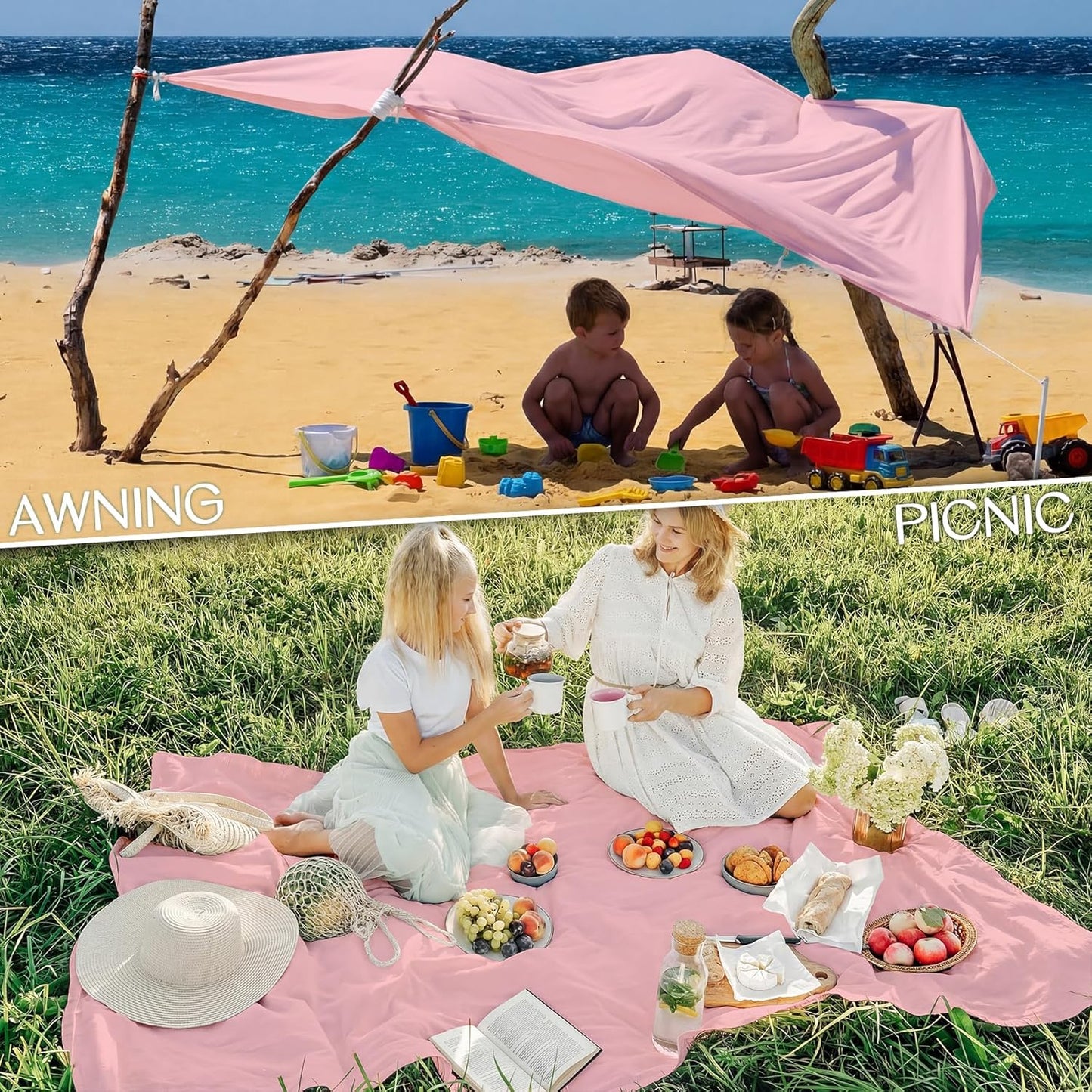 BYDOLL Beach Blanket Waterproof Sandproof Large Sand Free,78''X81''/10'X9' Oversized Sandless Lightweight Blanket Picnic Mat for Beach Travel Camping Hiking with Stakes