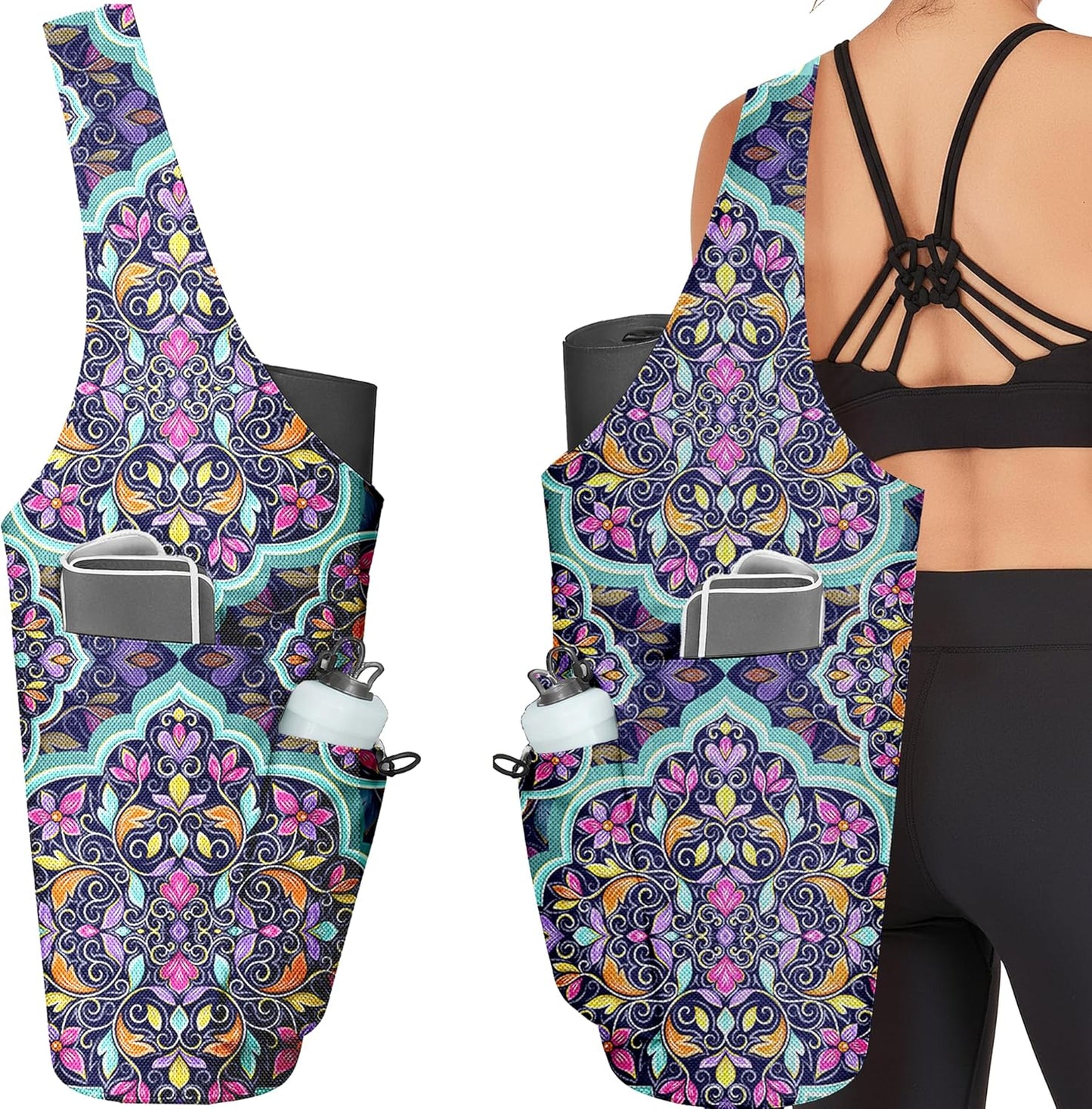Yoga Bag for Women, Large Yoga Mat Bag Tote Carrier with Wet Dry Pocket, Water Bottle Holder & Adjustable Strap, Fits 1/2" Thick Yoga Mat for Gym, Pilates, Travel, Work
