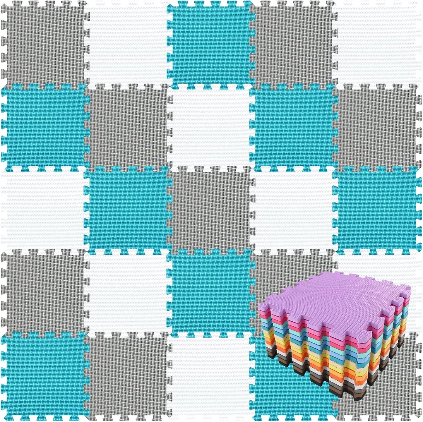 qqpp EVA Rubber 18 Tiles Interlocking Puzzle Foam Floor Mats - Baby Play Mat for Playing | Exercise Mat for Home Workout. White, Pink, Gray. QC-ACLb18N