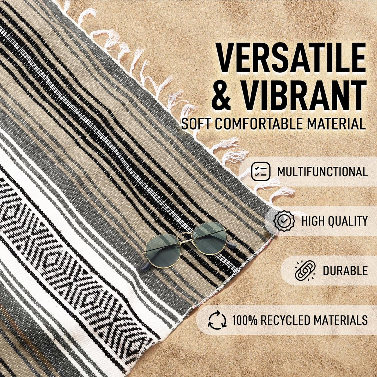 Hydration Nation Authentic Large Handwoven Mexican Blanket - Soft Yoga - Durable Serape - Lightweight Falsa, Beach, Camping, Picnic, Outdoor 70"x50" - Mandarin