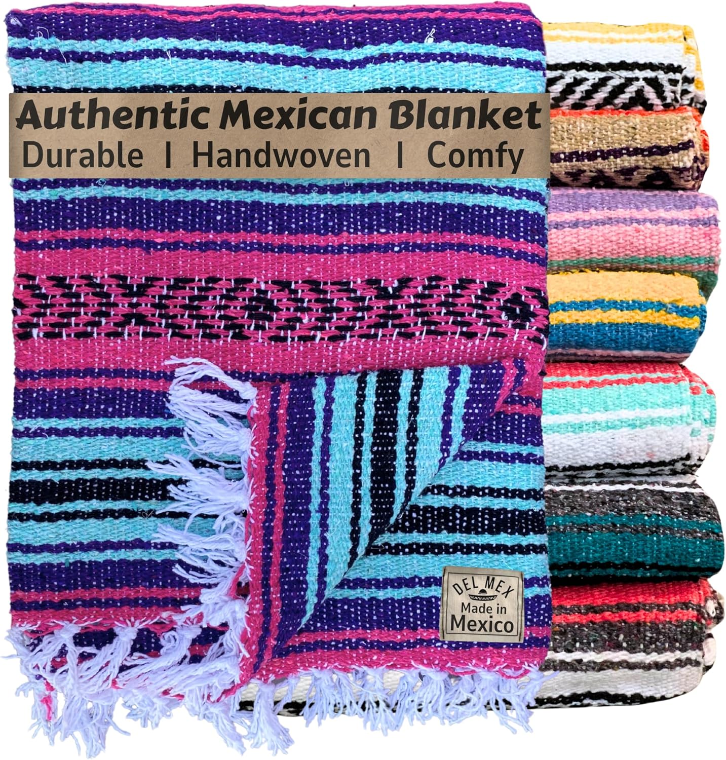 Del Mex Classic Mexican Blanket, Large Authentic Woven Falsa Throw (70"x50"), Artisan Southwest Décor for Beach, Yoga, Outdoors (Lavender)