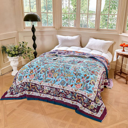 Boho Throw Blanket - 100% Cotton Soft Summer Throw Blanket for Bed, 50"x60" Reversible Breathable Lightweight Blankets, All Seasons Farmhouse Decor Floral Plant Butterfly Throw Quilt
