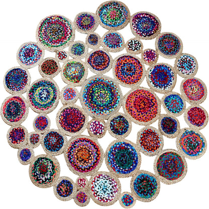 Collection Circle Area Rug - 3 x 3 Ft' Beige and Black Geometric Pettern Jute Mat Ideal for High Traffic Area in Hallway Bedroom Living Room Dining Room Kitchen Terrace Yoga Mat