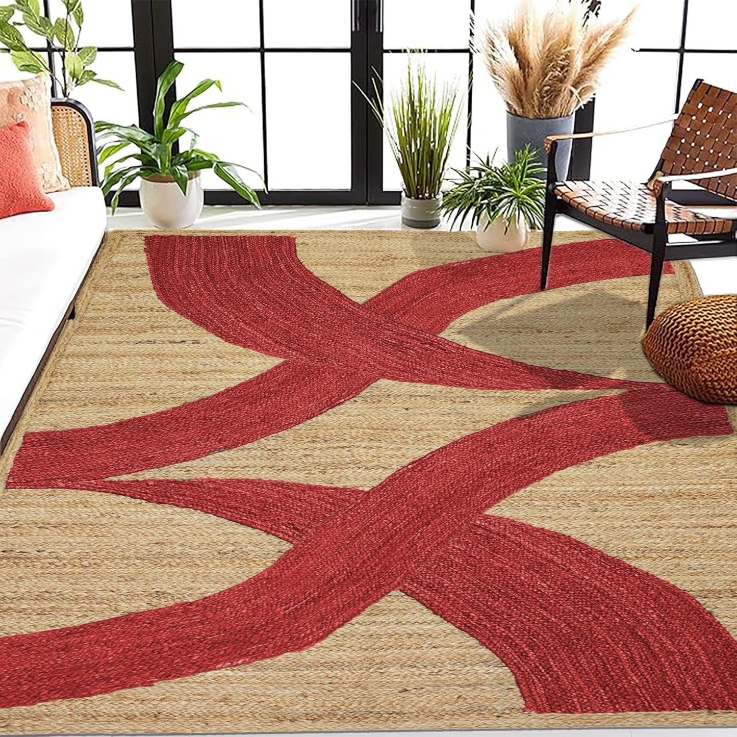 Premium Quality Jute Rug 4x6 Feet Area Rug Natural Fiber Jute Rugs Thick 0.27" Black Abstract Pattern Geometric Rugs for Kids Room, Living Room, Yoga Mat, Indoor Outdoor Carpet - Colors C