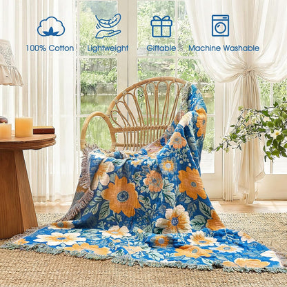Boho Throw Blanket - 100% Cotton Soft Summer Throw Blanket for Bed, 50"x60" Reversible Breathable Lightweight Blankets, All Seasons Farmhouse Decor Floral Plant Butterfly Throw Quilt