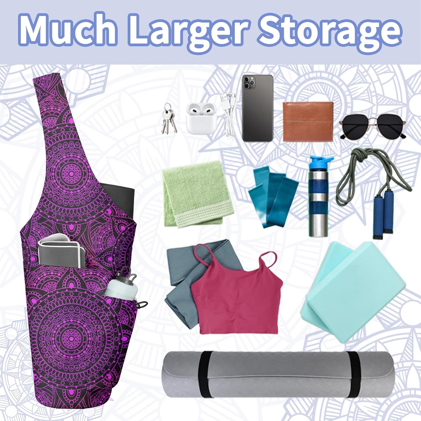 Yoga Bag for Women, Large Yoga Mat Bag Tote Carrier with Wet Dry Pocket, Water Bottle Holder & Adjustable Strap, Fits 1/2" Thick Yoga Mat for Gym, Pilates, Travel, Work