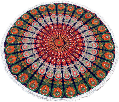 Mandala Round Beach Tapestry Boho Hippie Blanket Bohemian Large Table Cloth Home Decor Yoga Mat Meditation Picnic Rug Throw Hippy Gypsy Tablecloth Roundie (42 Inches, Orange And Blue)