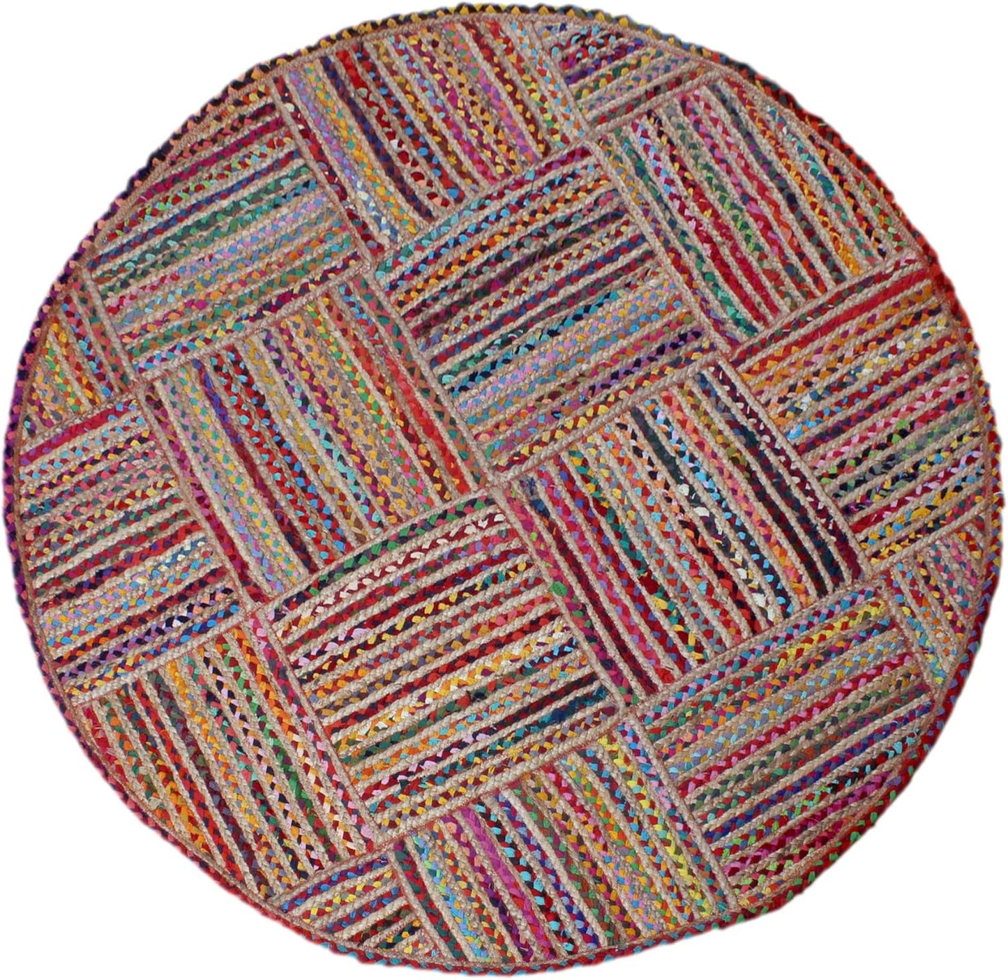Collection Circle Area Rug - 3 x 3 Ft' Beige and Black Geometric Pettern Jute Mat Ideal for High Traffic Area in Hallway Bedroom Living Room Dining Room Kitchen Terrace Yoga Mat