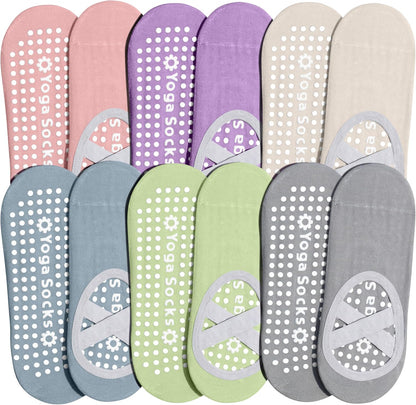 ihuan 6 Pairs Pilates Socks for women, Non-Slip Yoga Socks With Grip&Strap for Dance Barre Ballet Fitness Workout（5-9）