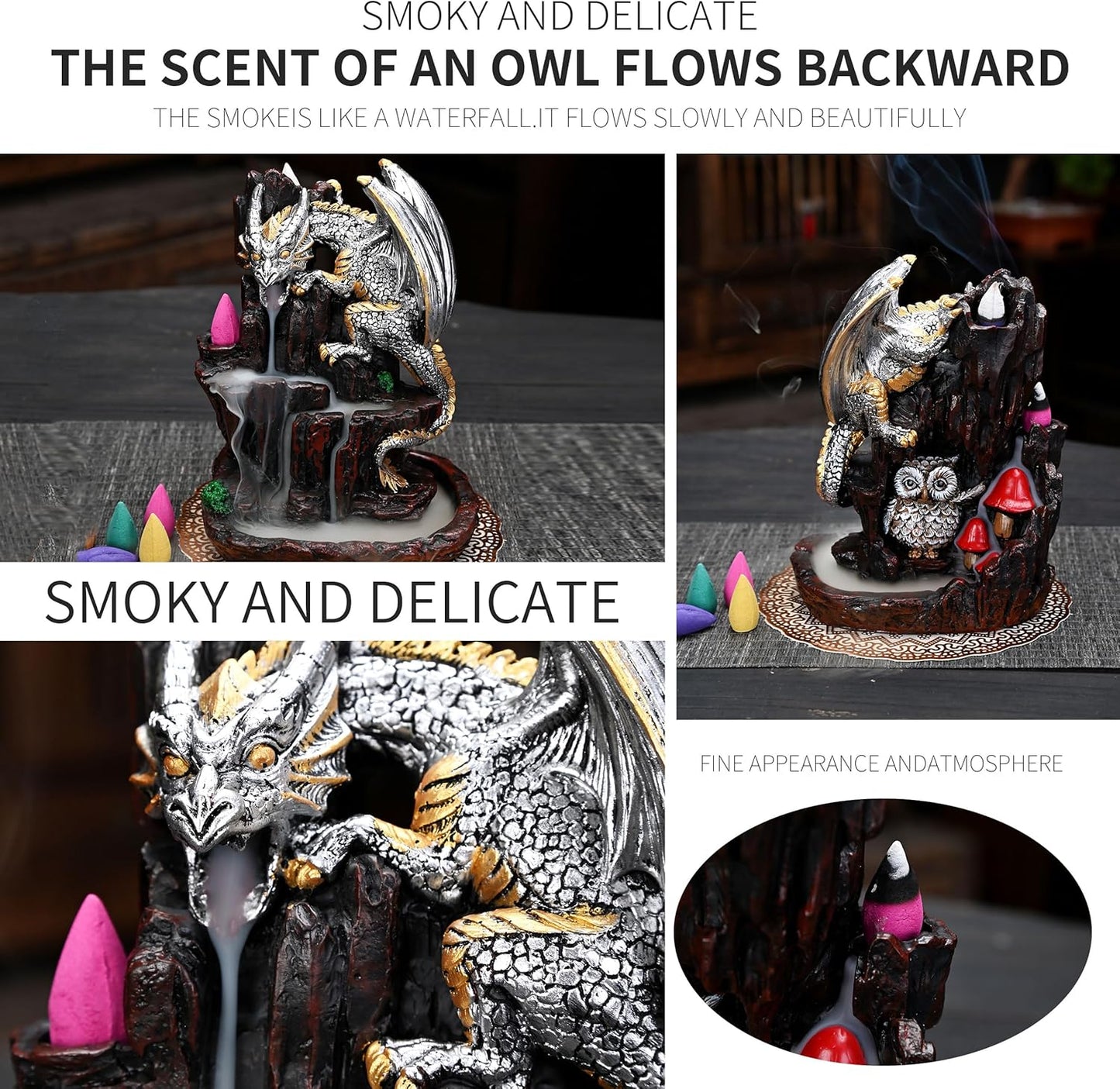 Dragon Backflow 2 Sided Mountain Waterfall Incense Burner,Fountain Smoke Incense Holder with Backflow Incense Cones, Tweezers, Mat，Resin Aromatherapy Meditation (Green)