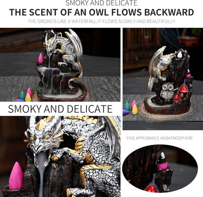 Dragon Backflow 2 Sided Mountain Waterfall Incense Burner,Fountain Smoke Incense Holder with Backflow Incense Cones, Tweezers, Mat，Resin Aromatherapy Meditation (Green)