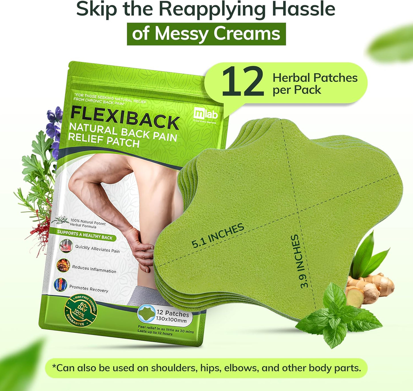 FLexiknee Warming Herbal Pain Patches for Knees w/ 12-Hour Extra Strength & Adhesion - Bone-on-Bone, Joint Ache, Muscle Soreness Support - 12 Heat Patches for Pain Relief for Knees, Back & Neck