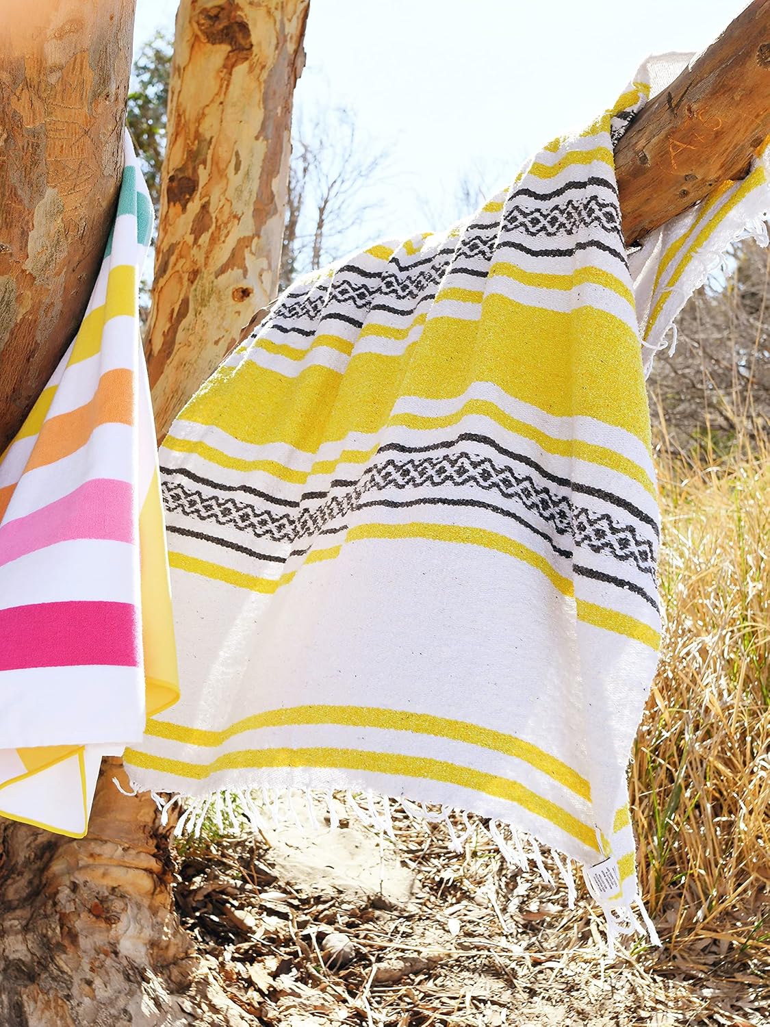 Mexican Blanket by Laguna Beach Textile Co - Beach, Yoga, Camping, or Decorative Throw Blanket - Traditional Handmade Serape (Ivory)