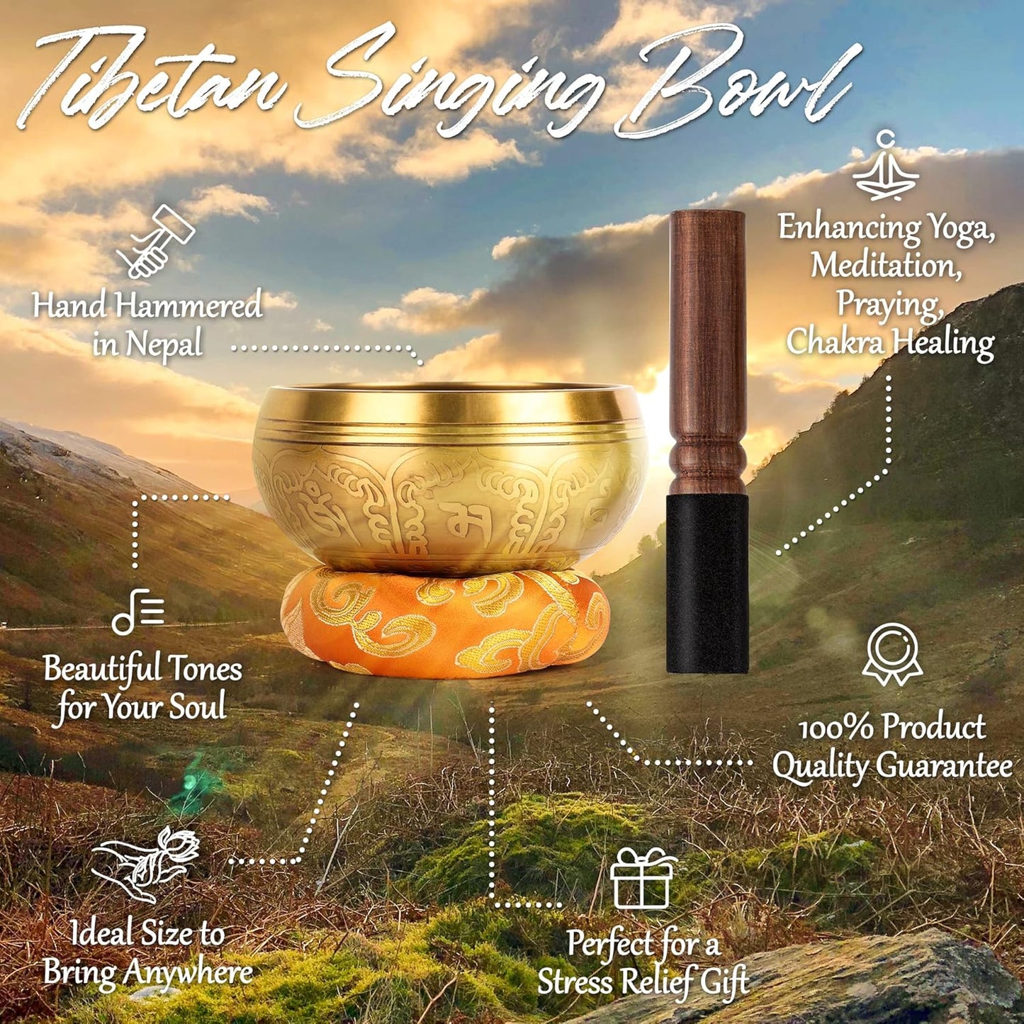 Relaehih Tibetan Singing Bowls Set-Hand-hammered in Nepal Sound Bowl for Meditation, Yoga, Chakra, Meditation Accessories, Stress Relief Tool and Unique Gifts for Women, Men (Yellow, 4 inch)