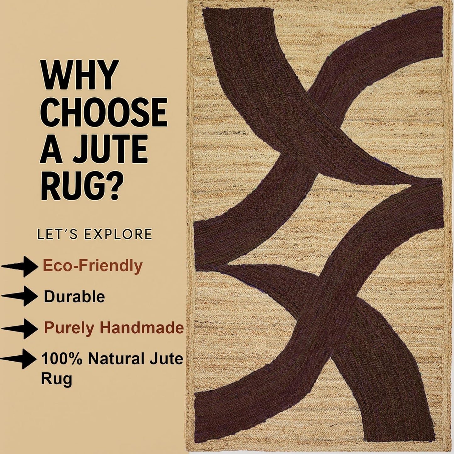 Premium Quality Jute Rug 4x6 Feet Area Rug Natural Fiber Jute Rugs Thick 0.27" Black Abstract Pattern Geometric Rugs for Kids Room, Living Room, Yoga Mat, Indoor Outdoor Carpet - Colors C