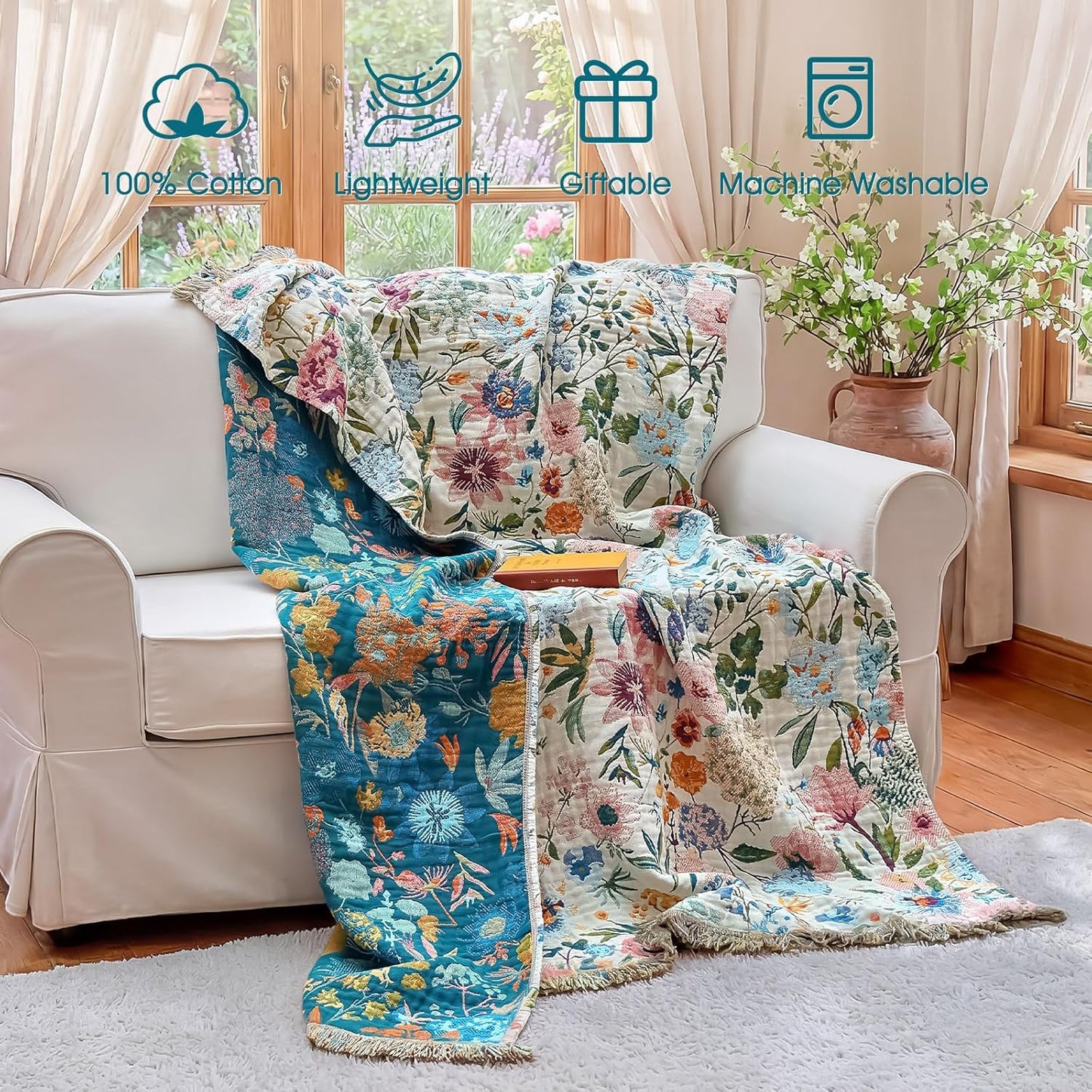 Boho Throw Blanket - 100% Cotton Soft Summer Throw Blanket for Bed, 50"x60" Reversible Breathable Lightweight Blankets, All Seasons Farmhouse Decor Floral Plant Butterfly Throw Quilt