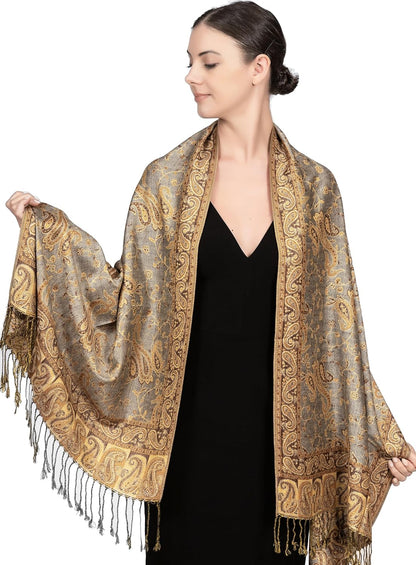 Achillea Reversible Paisley Pashmina Rave Scarf – Exotic Indian Shawls and Wraps for Evening Dresses, Festivals, All Seasons - Colors B
