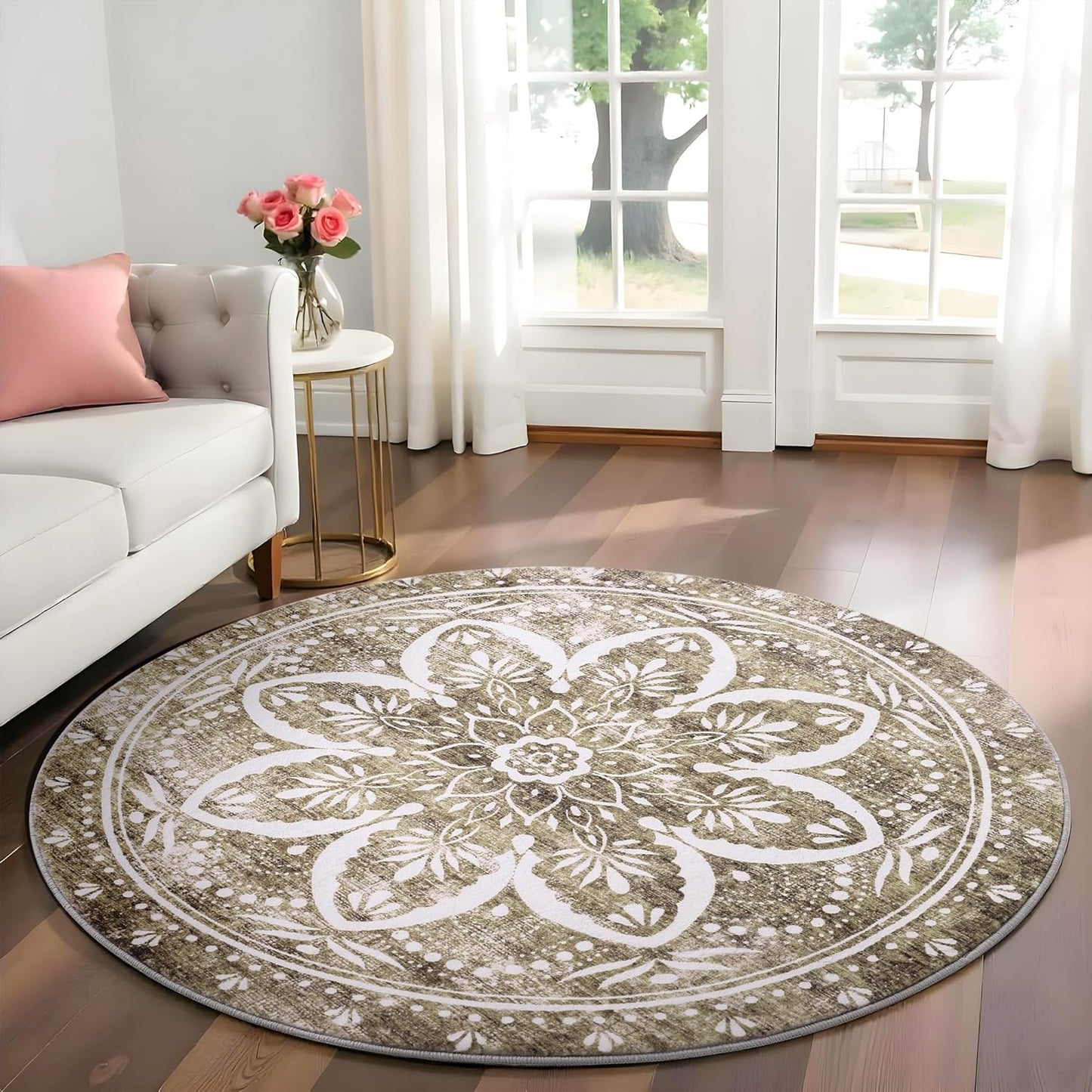 Carvapet 4ft Washable Round Rugs, Modern Abstract Circle Rug, Non Slip Rubber Backing Foldable Low Pile Carpet for Living Room Bedroom, 4ft Red/Orange Rug