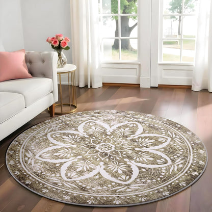Carvapet 4ft Washable Round Rugs, Modern Abstract Circle Rug, Non Slip Rubber Backing Foldable Low Pile Carpet for Living Room Bedroom, 4ft Red/Orange Rug