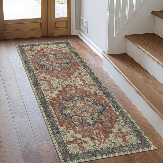 GENIMO 5X7 Area Rugs for Living Room, Machine Washable Non Slip Vintage Rugs, Low Pile Lightweight Chenille Print Rug for Bedroom, Dining Room, Home Office, Light Taupe Brown - Colors C