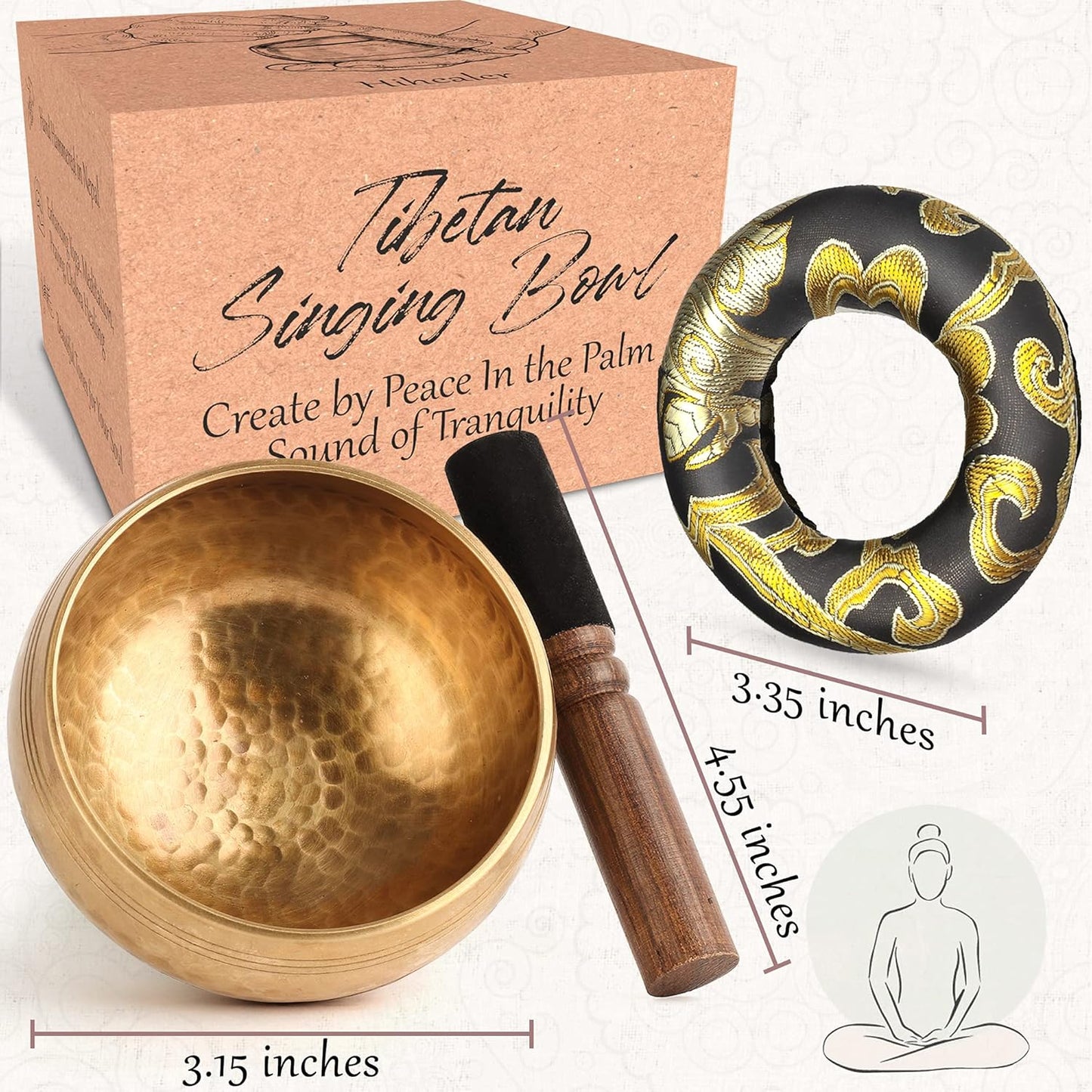 Relaehih Tibetan Singing Bowls Set-Hand-hammered in Nepal Sound Bowl for Meditation, Yoga, Chakra, Meditation Accessories, Stress Relief Tool and Unique Gifts for Women, Men (Yellow, 4 inch)