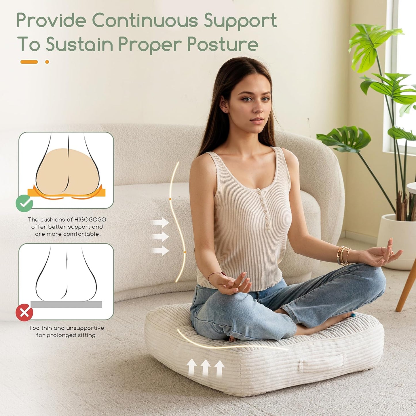 HIGOGOGO Floor Pillow Cushion for Adults, Meditation Cushion Pillow, Large Square Floor Sitting, Tufted Corduroy Cover, for Tatami Living Room or Yoga, 22x22 Inch, Dark Grey