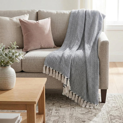 Americanflat 50x60 Throw Blanket - Soft and Breathable Cotton Throw Blanket for Couch, Bed, Chair - Decorative Blankets Perfect for Home or Outdoor Use - Navy Blue and White Double Diamond Design