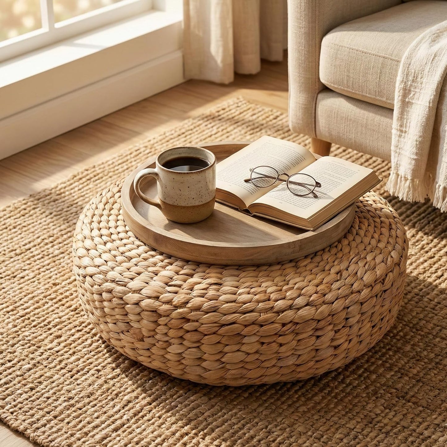 Water Hyacinth Cushion | Non-Slip Exercise & Fitness Mat for Meditation | Natural Rug, Straw Floor Mat for Meditation, Mat for Living Room, Bedroom and More
