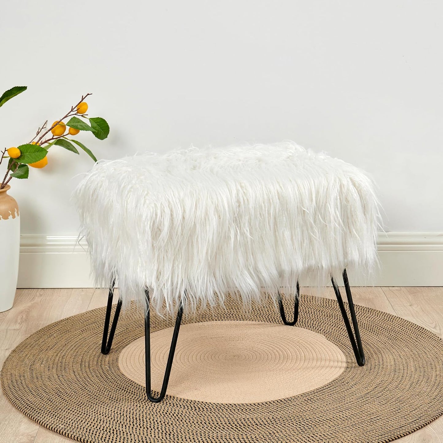 Home Soft Things Green Mongolian Faux Fur Ottoman, Desert Sage, 19'' x 13'' x 17'', Cozy Plush Fluffy Ottoman Foot Rest Stool for Living Room Bedroom Entryway Makeup Bench End of Bed Home Décor