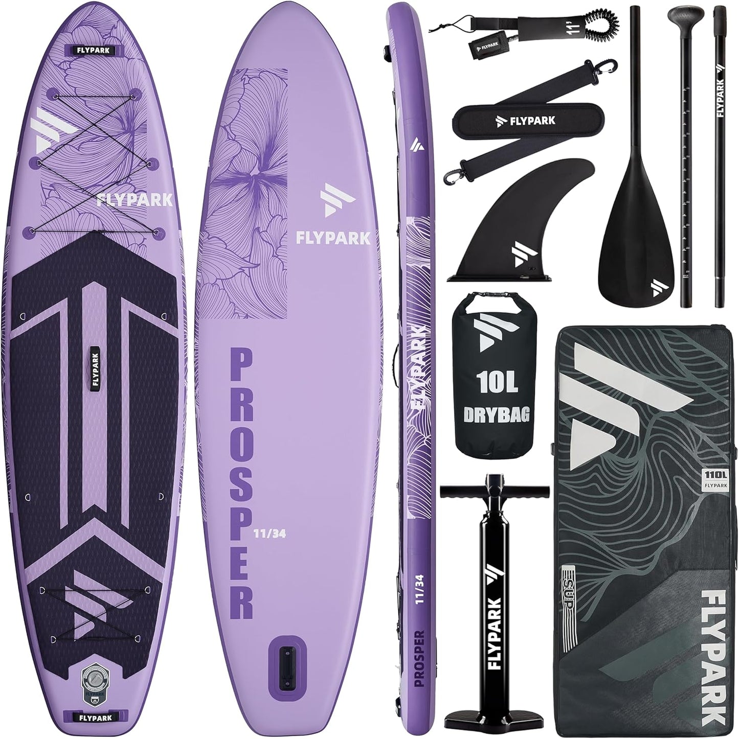Flypark 11'x34 Inflatable Paddle Boards, Extra Wide SUP for 420lbs/3Adults, Yoga Stand Up Paddle Board, 110L Backpack, 15 D-Rings, Shoulder Strap, US-Fin, 2-Action Pump