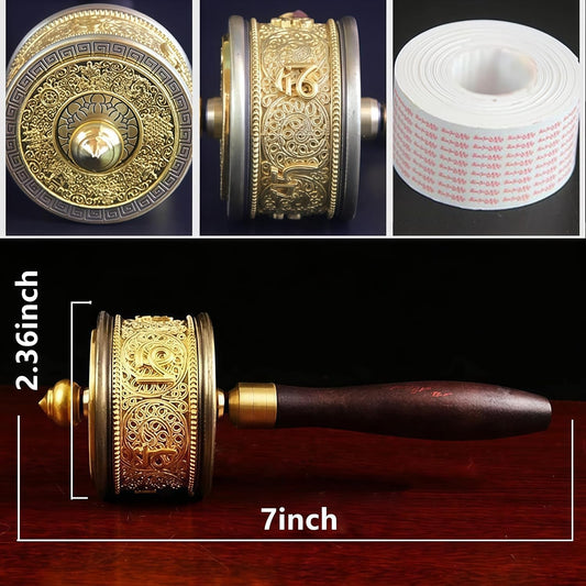 Copper Hand Held Prayer Wheel with Tibetan Buddhist Six-Character Truth Premium Buddha Scriptures, Wooden Handle Prayer Wheel for Praying, blessing, Meditation, Healing, Relaxing, Yoga