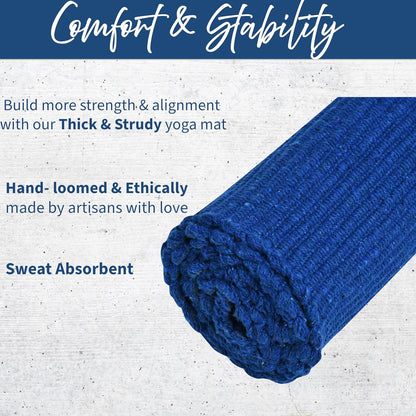 100% Organic Anti-Skid Cotton Yoga or Meditation Mat: Hand-Woven, and Extra-Long(28'’ x 74'’) for Ultimate Comfort and Stability with Cotton Carry bag