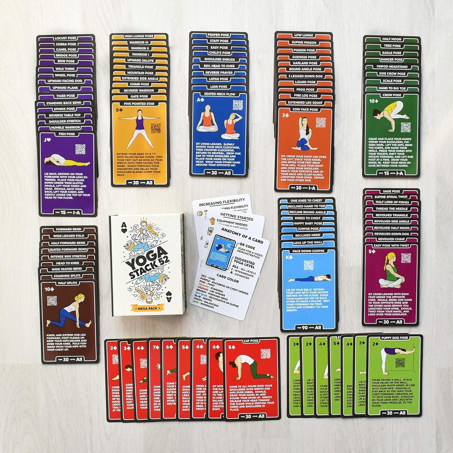 Stack 52 Yoga Exercise Cards: Designed by Certified Yoga Instructor. Video Instructions Included. Beginner to Advanced Poses and Asana Workout Games. Improve Fitness and Flexibility. (Base Deck)